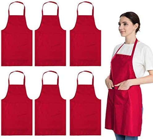 Total 6PCS Red Aprons Bulk for Women Unisex Plain Colour Bib Aprons with 2 Front Pockets Washable... | Amazon (US)