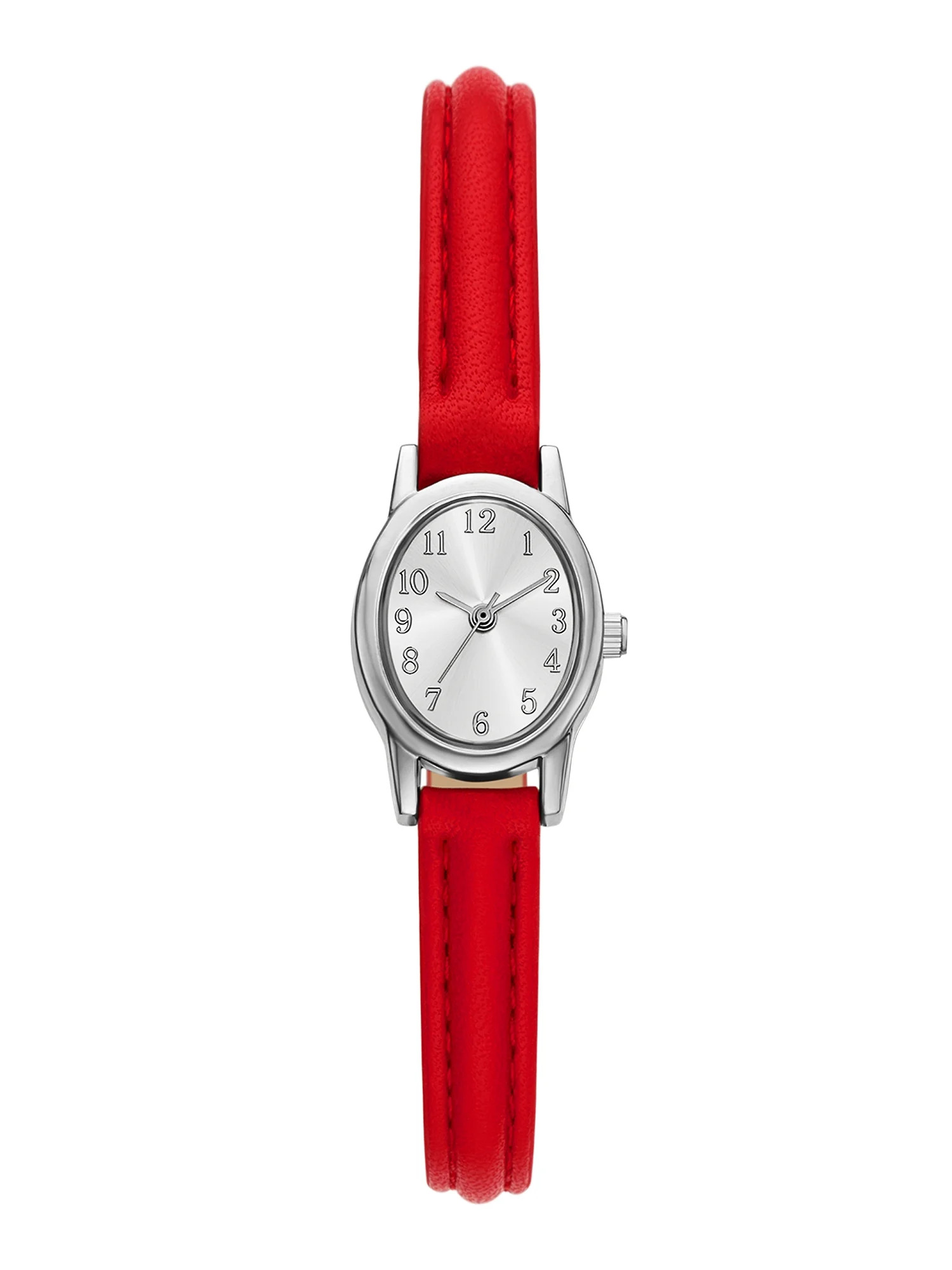 Time and Tru Women's Wristwatch, Silver Tone 19mm Oval Case, Silver Sunray Dial, Red Faux Leather... | Walmart (US)