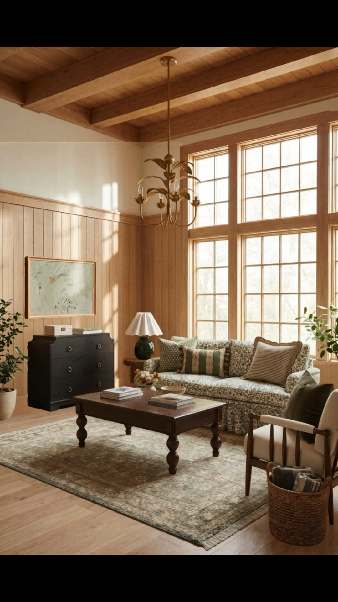 Cottage core living, it’s comfortable, homey, and elegant. transitional home decor, grandmillennial style, patterned sofa, vintage inspired rug, pleated lampshade, gold statement chandelier, dark wood coffee table, neutral accent chair, wood paneled walls, traditional living room

#LTKHome