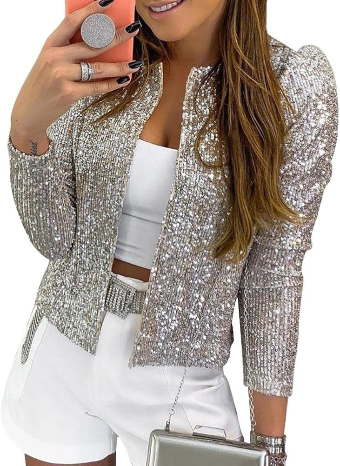 Cololura Women Casual Open Front Sequin Jackets Cardigan Glitter Long Sleeve Short Coats Crop Bla... | Amazon (US)