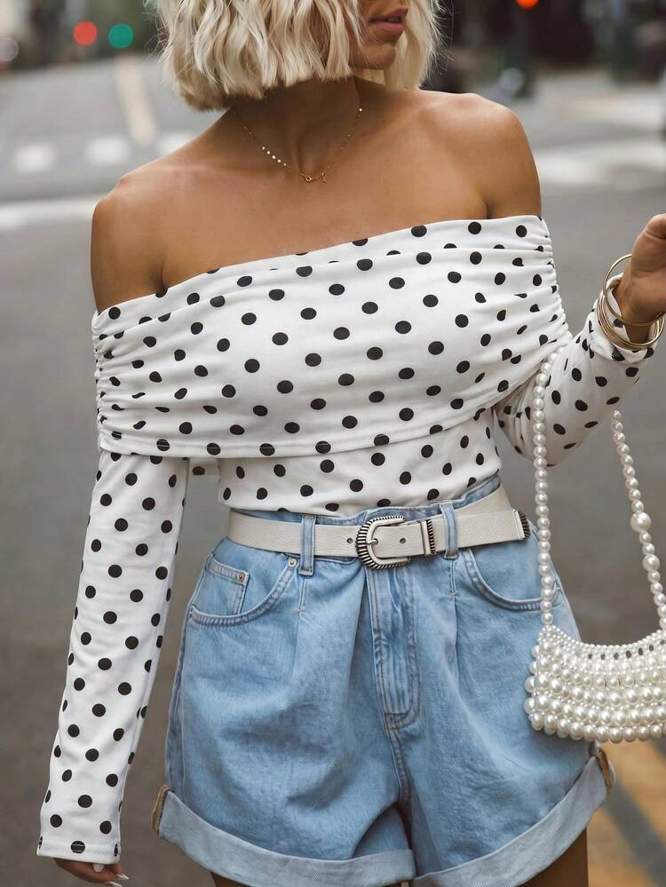 Women's White & Black Polka Dot Retro Off Shoulder Top, Pleated Long Sleeve Fitted Blouse, Y2K St... | SHEIN