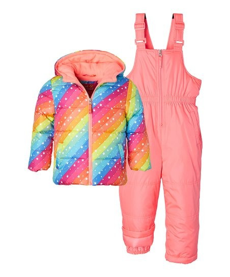 Pink Rainbow Stars & Stripes Puffer Coat & Overall Snow Pants - Infant, Toddler & Girls | Zulily