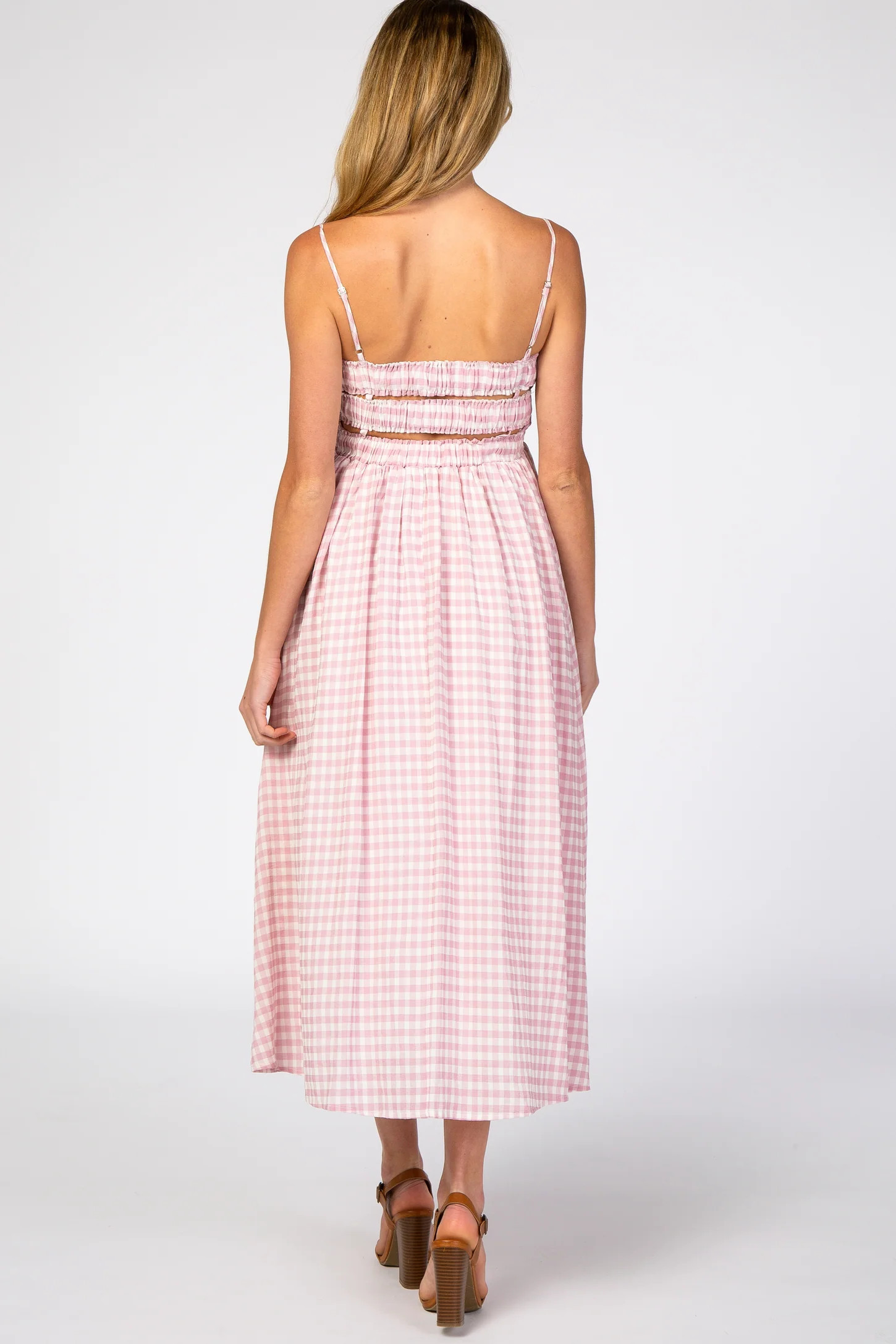 Pink Gingham Cutout Maternity Midi Dress | PinkBlush Maternity