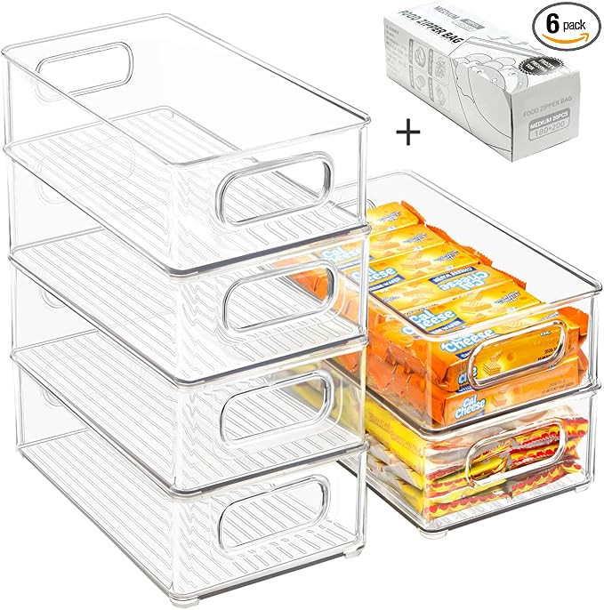 Stackable Refrigerator Organizer Bins, 6 Pack Clear Kitchen Organizer Container Bins with Handles... | Amazon (US)