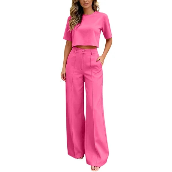 Bovxnpu 2 Piece Lounge Set for Women Short Sleeve Crop Top High Waist Wide Leg Pants 2Pc Set | Walmart (US)