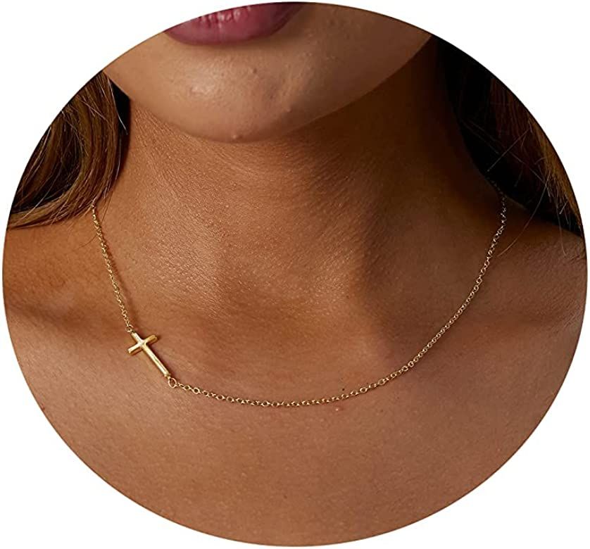 VIROMY Dainty Cross Necklace for Women 18K Gold Plated Cute Cross Pendant Choker Necklaces Simple... | Amazon (US)