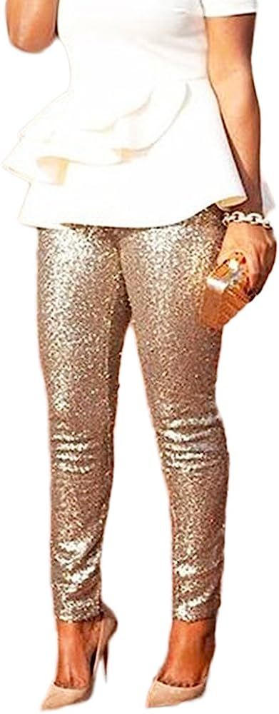 xzbailisha Women’s Sequins Pants Sexy Glitter Stretch Waistband Loose Casual Club Trousers | Amazon (US)