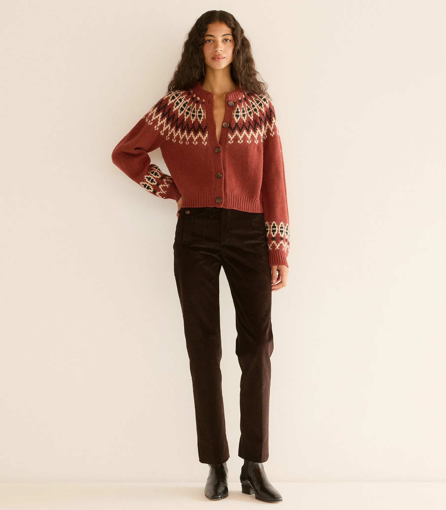 Clarke Cardigan - Burgundy Olympia Fair Isle | DÔEN | DOEN
