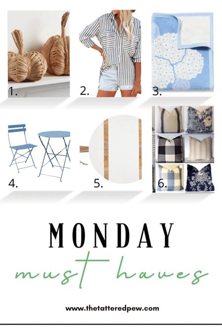 Monday Must Haves, blue bistro set, chalky wrap, raffia pumpkins, white bread board, black and white striped button up, Line. And Oak pillows

#LTKhome #LTKunder50 #LTKunder100