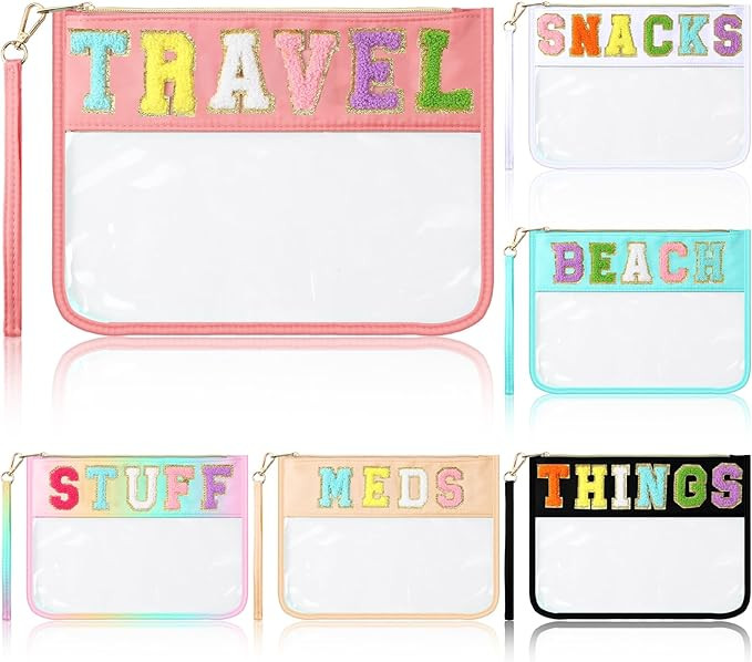 6 Pcs Chenille Letter Bag Preppy Varsity Letter Stuff Bag Cosmetic Zipper Pouch Transparent Snack... | Amazon (US)