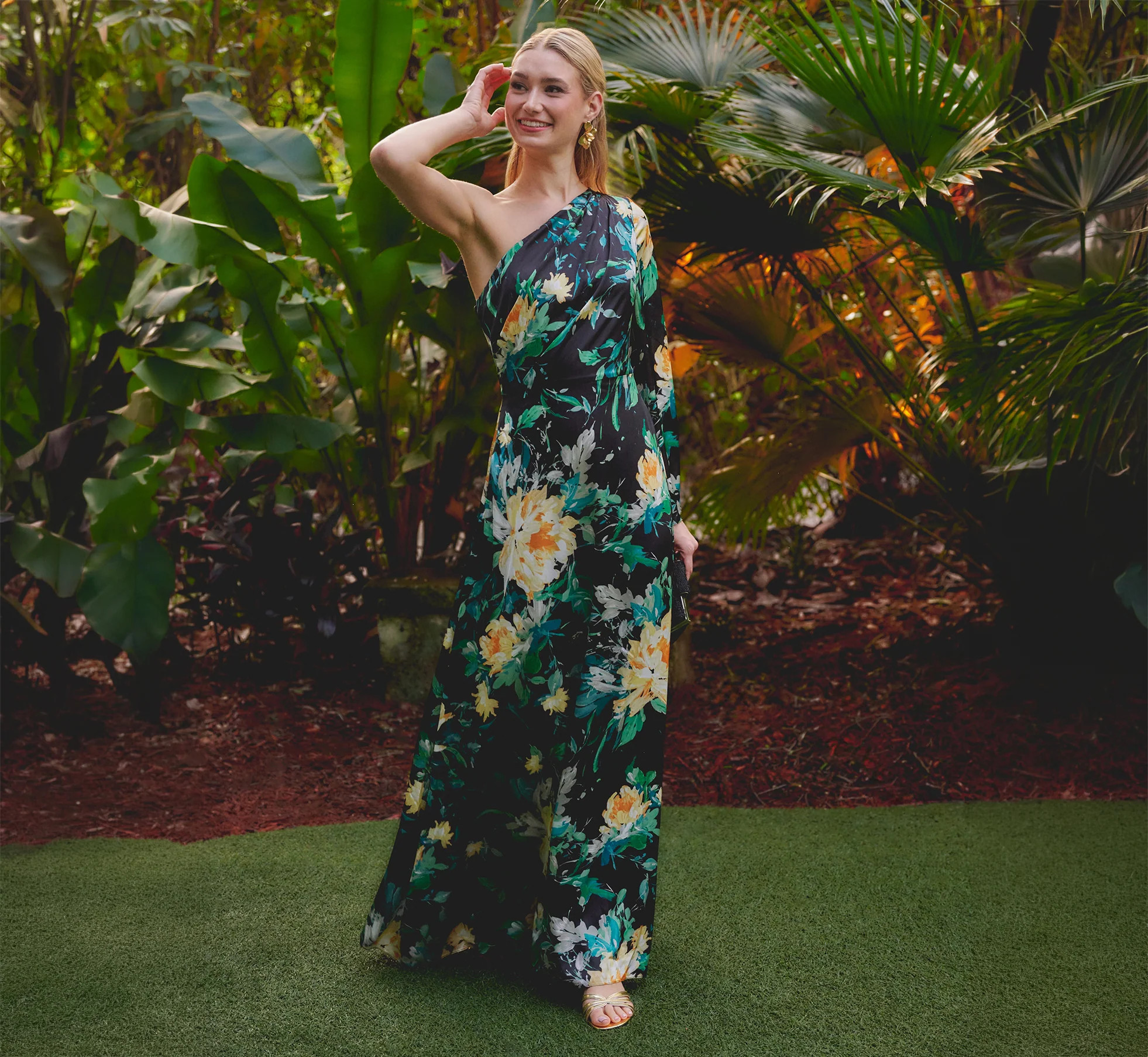 One Shoulder Long Sleeve Floral Satin Gown In Black Multi | Adrianna Papell
