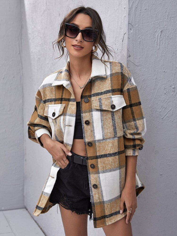 SHEIN Drop Shoulder Button Front Flap Pocket Plaid Coat | SHEIN