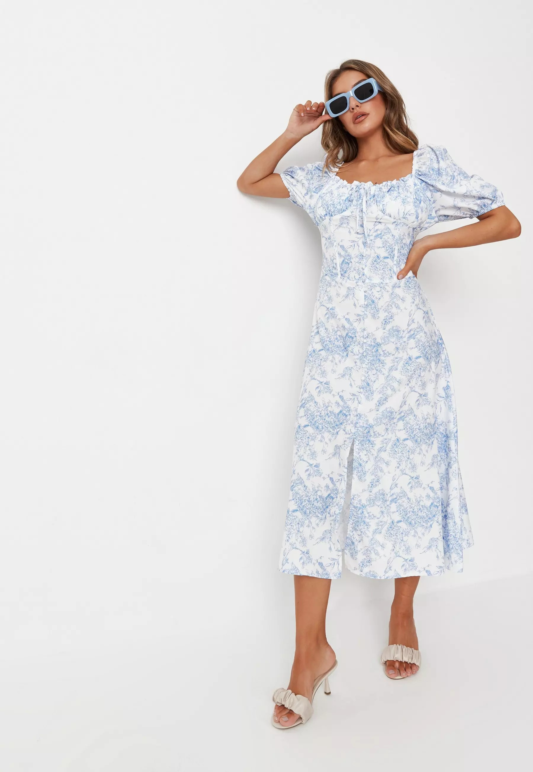Missguided - Blue Floral Button Front Milkmaid Midi Dress | Missguided (UK & IE)