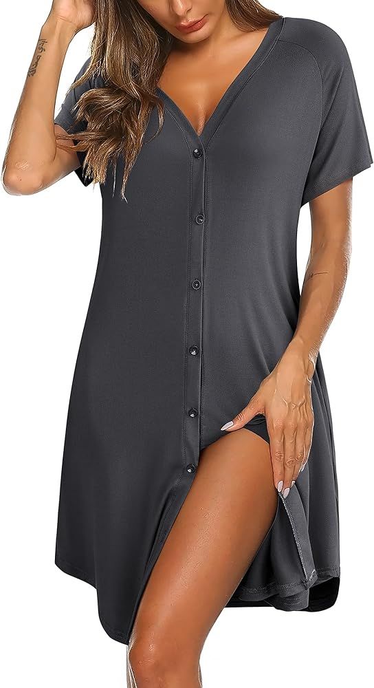 Ekouaer Women's Button Down Nightgown Short Sleeve Sleepshirt V Neck Night Shirt Soft Pajamas Dre... | Amazon (US)