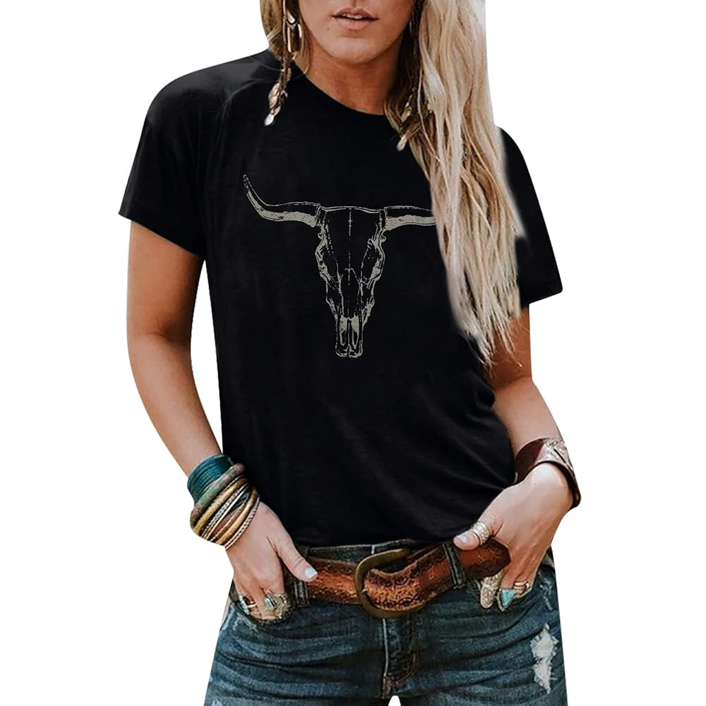 Boho Cow Skull Shirt Women Cowgirl t Shirt Vintage Western Rodeo Graphic Tee Short Sleeve Bull Sk... | Amazon (US)