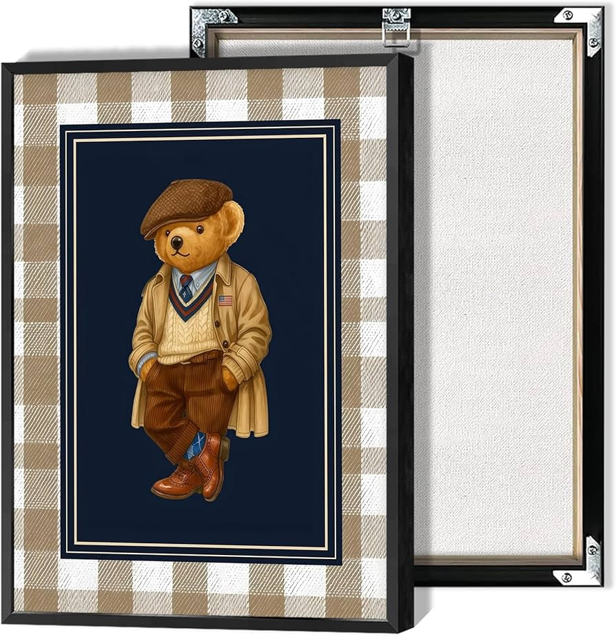 Vintage Teddy Bear Canvas Wall Art Polo Trench Coat Animals Poster Funny Minimalist Lattice Pictu... | Amazon (US)