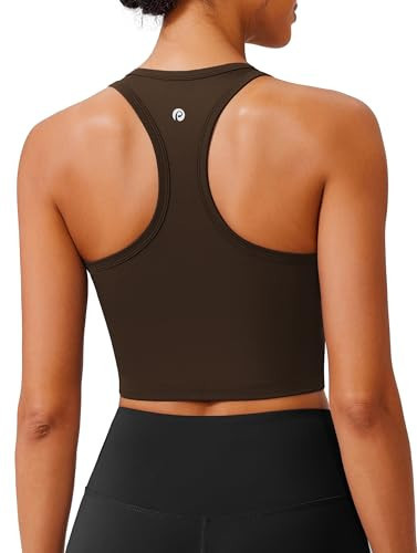 PINSPARK Womens Sports Bras Longline Workout Tops with Light Supportive Razorback Tennis Tank Top Built-in Bras Yoga Crop Tops, Espresso Brown X-Small | Amazon (US)