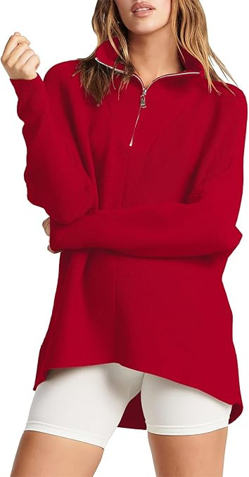 ANRABESS Women's 1/4 Zipper V Neck Collared Long Batwing Sleeve Oversized Slouchy High Low Hem Kn... | Amazon (US)