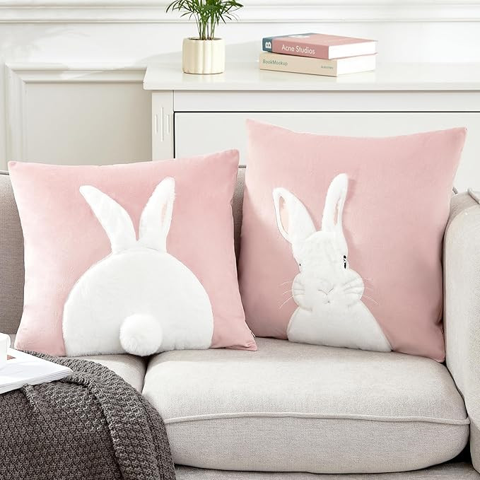 Pack of 2 Spring Easter Pillow Covers 18x18 Inch,3D Embroidered Bunny Rabbit Throw Pillowcase Vel... | Amazon (US)