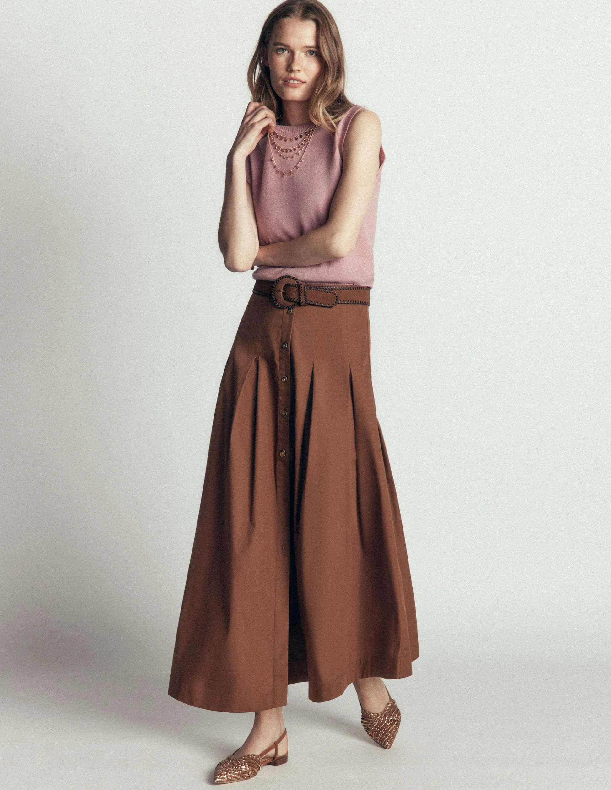 Button Front Pleated Skirt-Raw Umber | Boden (US)