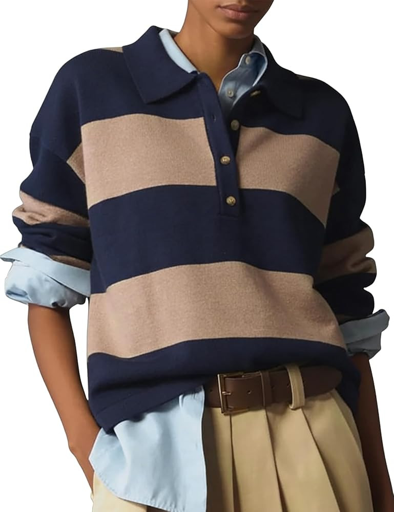Rugby Polo Sweater for Women Striped Collared Sweaters Shirt Long Sleeve Knit Y2K Casual Pullover... | Amazon (US)