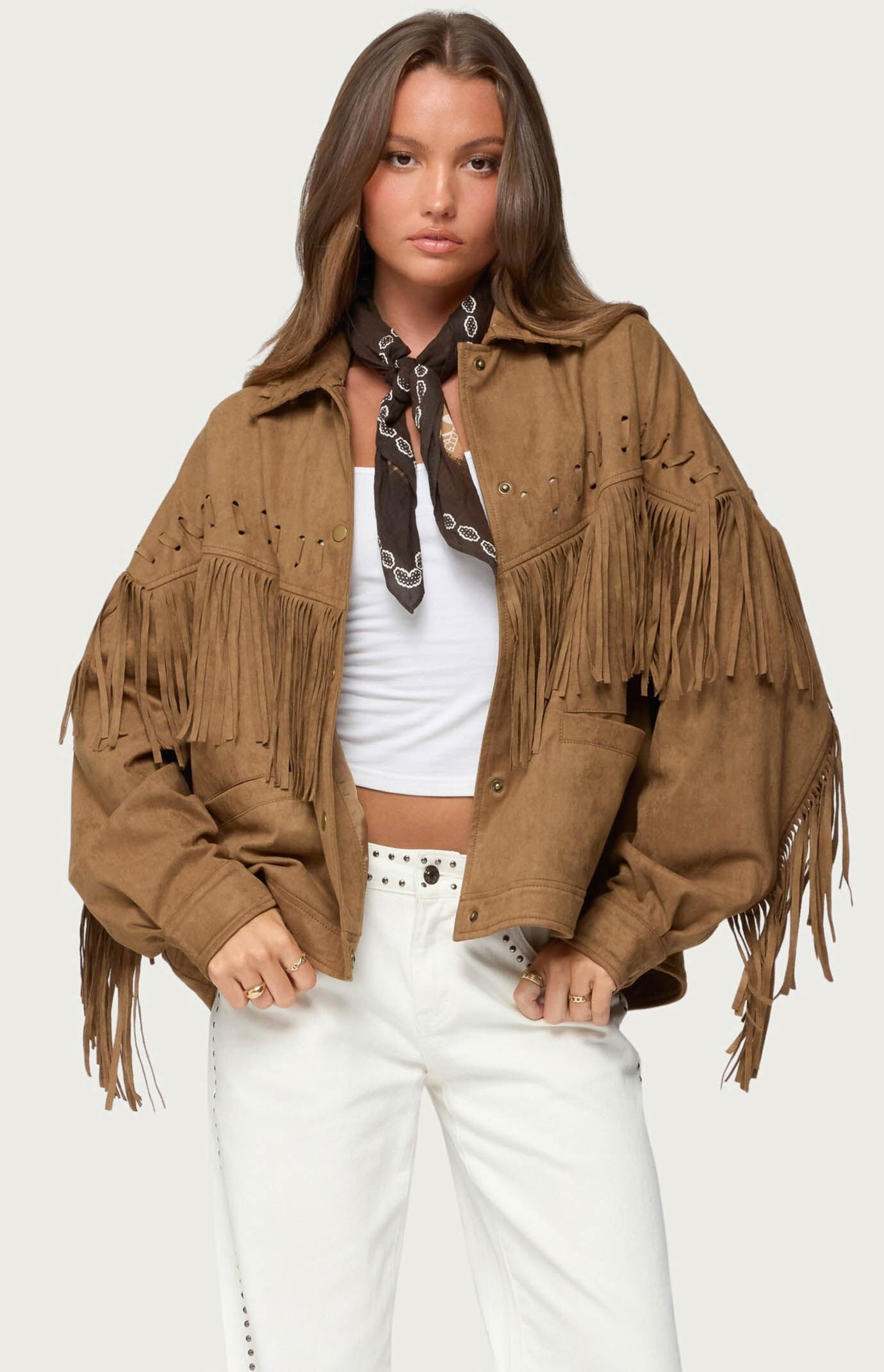 Edikted Women's Evonka Fringe Faux Suede Jacket in Brown - Size XS | PacSun