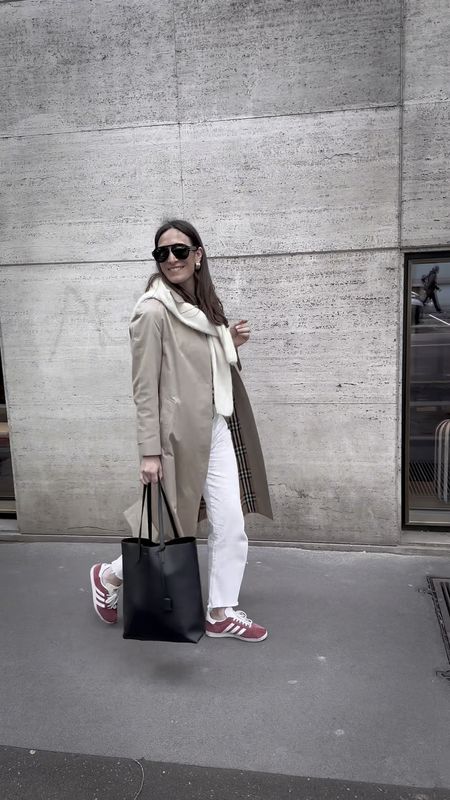 Layering with trench and sweater over the shoulders while waiting for the sun to count out again. 

Saint Laurent | adidas Gazelle | white pants | sunnies | stripes | sezanne |trench | spring | rainy 

#LTKstyletip #LTKeurope #LTKover40