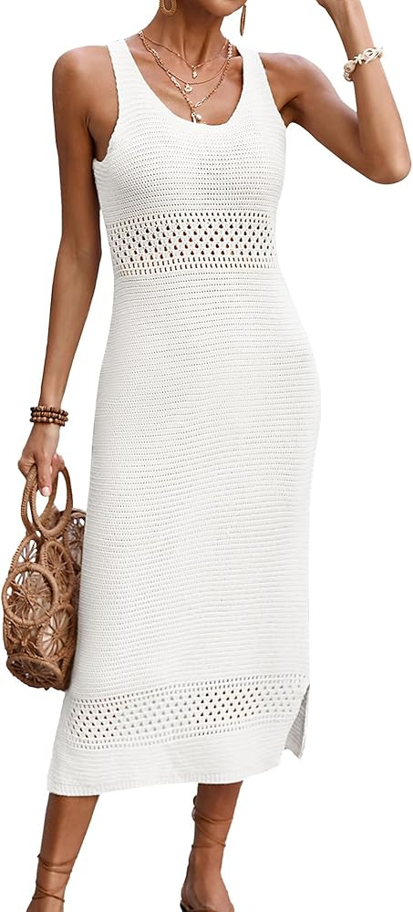 Womens Crochet Swimsuit Beach Cover Up 2026 U Neck Sleeveless Mesh Knit Bathing Suit Swim Coverup... | Amazon (US)