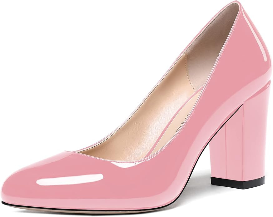WAYDERNS Women's Slip On Solid Thick Round Toe Patent Block High Heel Pumps Shoes 3 Inch | Amazon (US)
