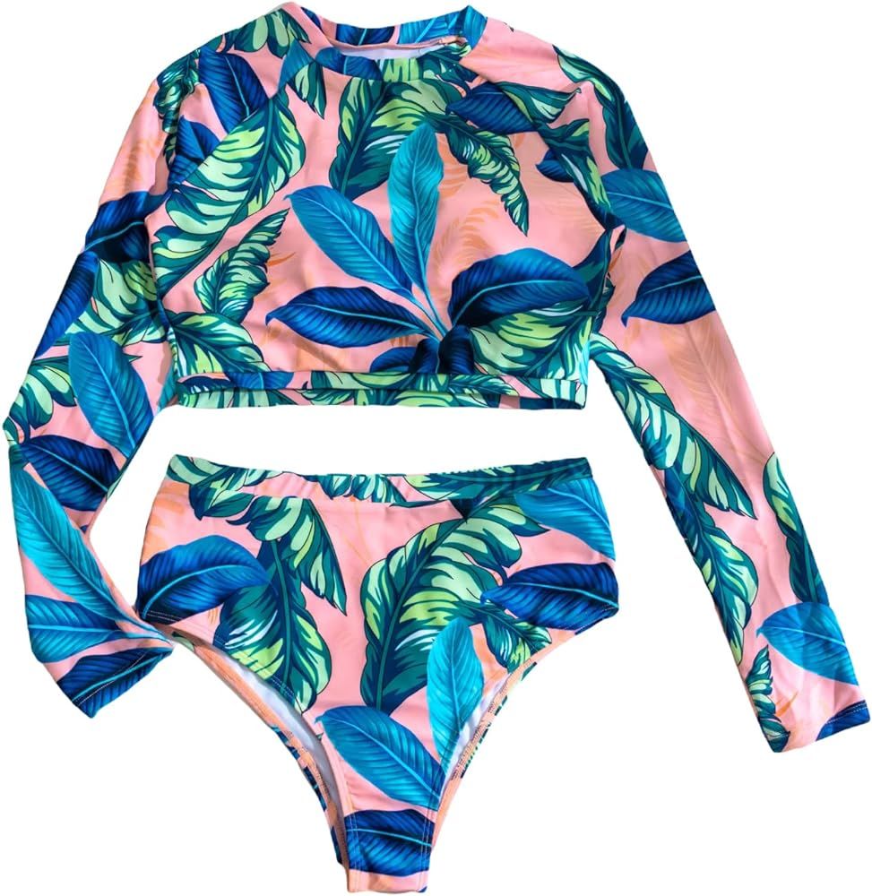 Floerns Women's 2 Piece Tropical Print Long Sleeve High Neck Bikini Swimsuit | Amazon (US)