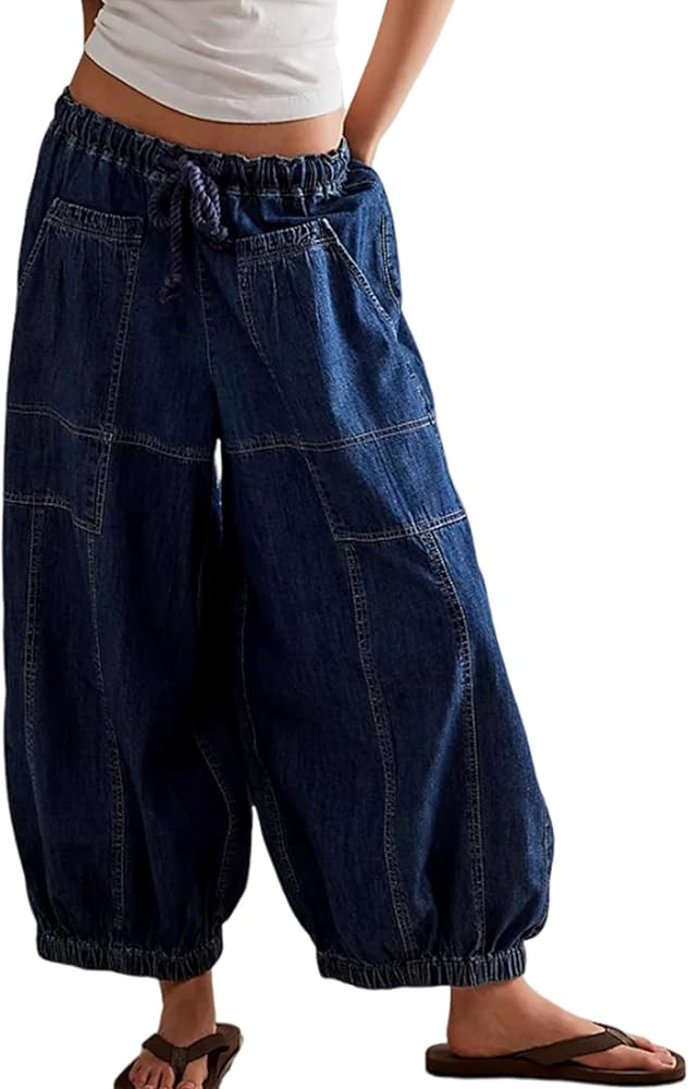 Hooever Women's Wide Leg Jeans Baggy Boyfriend Elastic Hem Denim Pants with Drawstring Waist | Amazon (US)