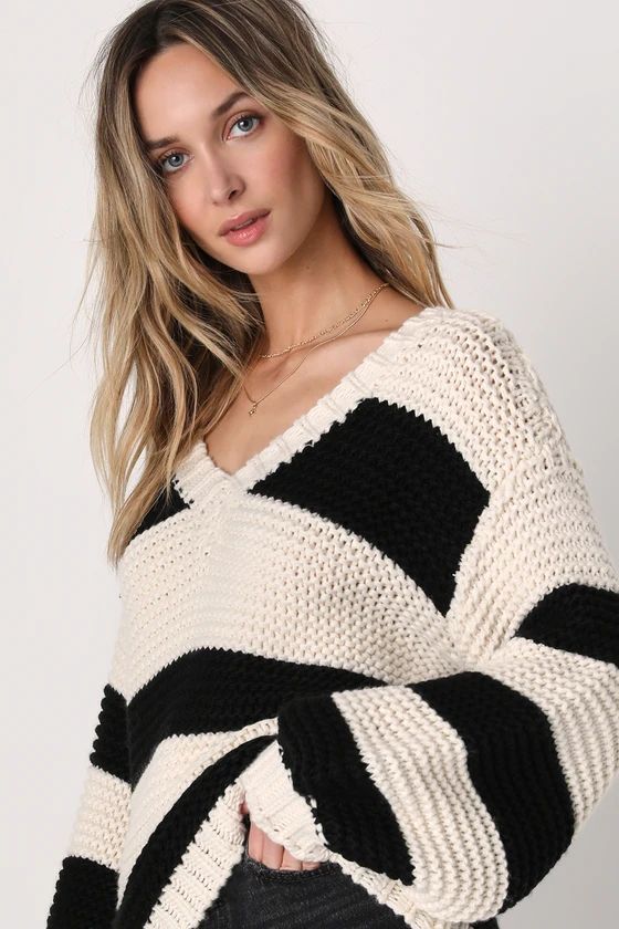 Cue the Cuddles Ivory and Black Striped Chunky Oversized Sweater | Lulus (US)