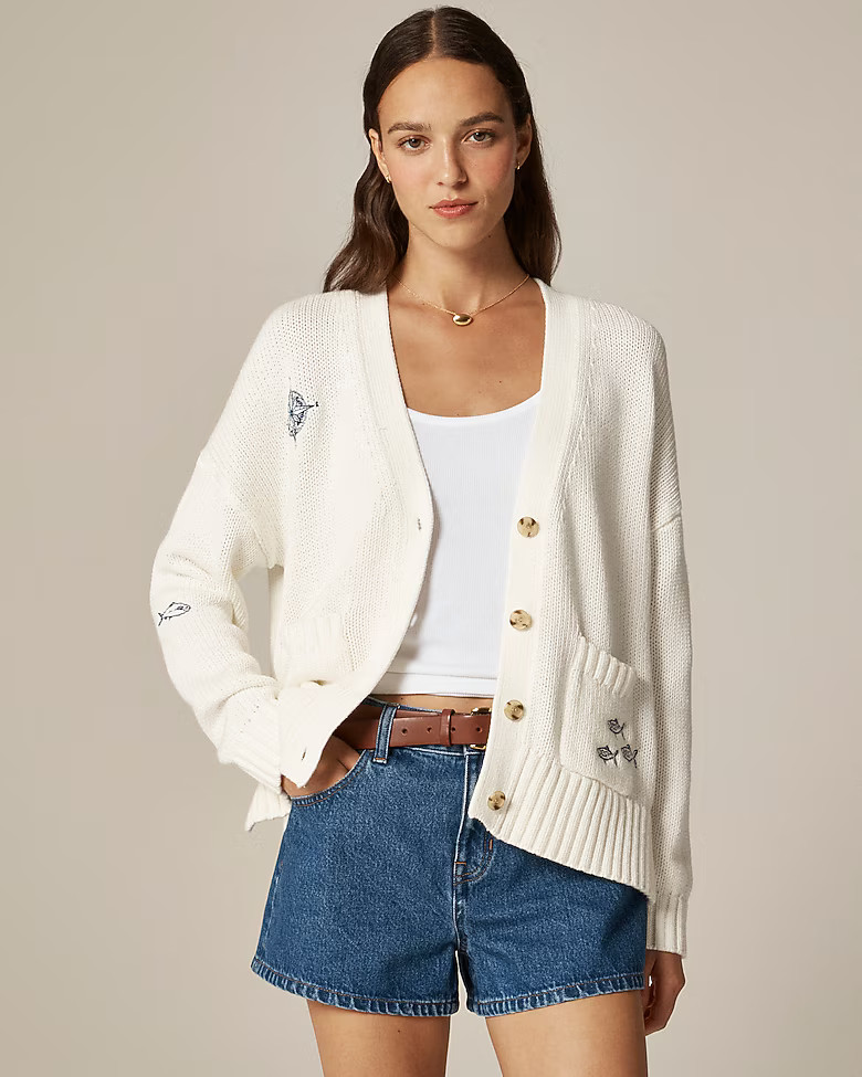 Heritage cotton relaxed cardigan with nautical embroidery | J. Crew US