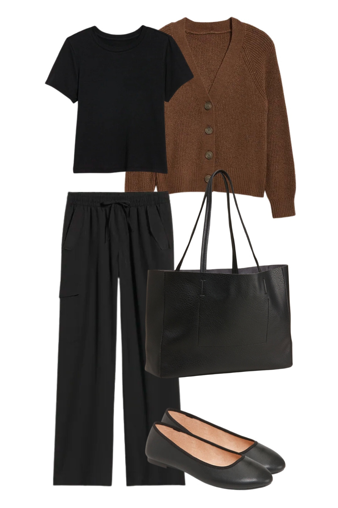 Old navy labor day sale, affordable fashion, airport outfit, back to school outfit, black cropped fitted tee, black cargo pants, brown cardigan, black ballet flats, mary janes, fall transition outfit, city outfit, casual clothes, clean girl aesthetic, minimal neutral look, comfy clothes, lazy day outfit, rainy day outfit

#LTKunder50 #LTKunder100 #LTKsalealert