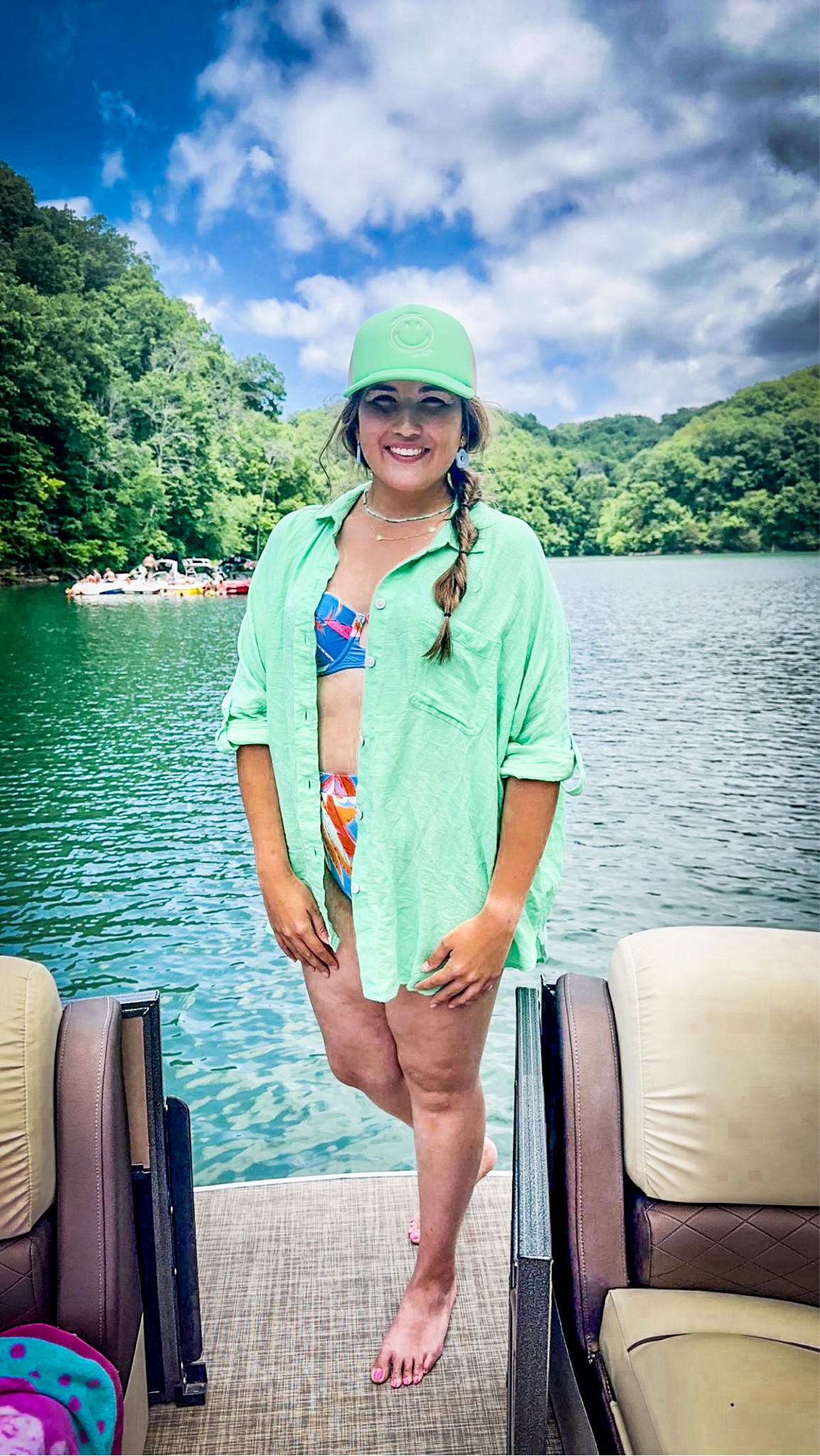 Lake days are the best!! 
Swimsuit is 615 boutique 
Oversized top is American Eagle 
Hat: American eagle 
Necklace: American eagle 
Click below to shop  

#LTKSeasonal #LTKswim #LTKstyletip