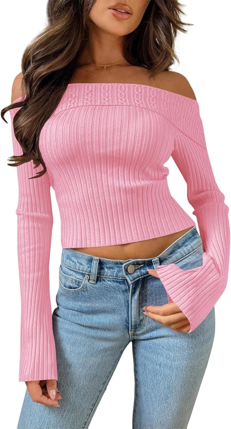 Goranbon Women's Off Shoulder Ribbed Knit Crop Sweaters Cute Wrap Long Sleeve Slim Pullover Jumpe... | Amazon (US)