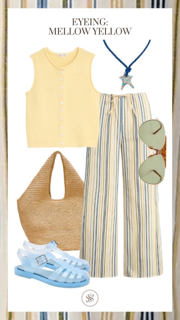 Yellow
Butter yellow 
Striped pants
Straw woven bag 
Jellies