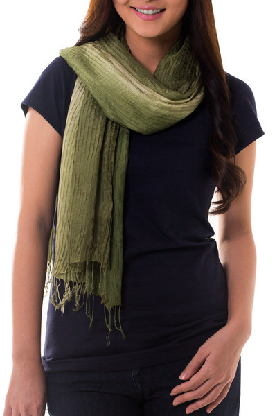 Thai Silk Pin Tuck Scarf Shading from Sage to Olive | NOVICA