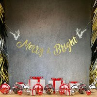 Merry & Bright Christmas Banner With Jumping Deer Accents in Gold Silver Glitter Sign Custom Garland | Etsy (US)