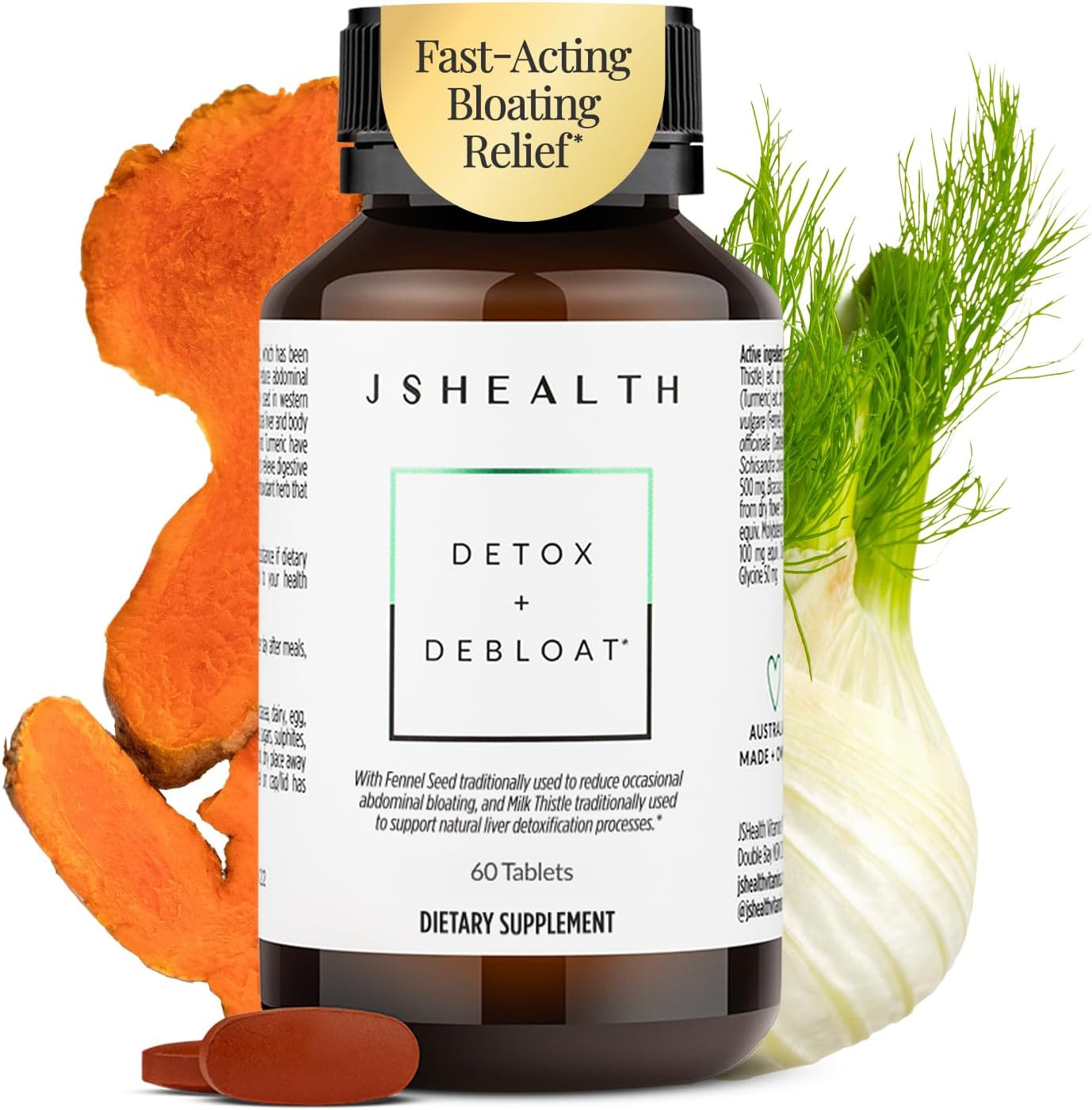 JSHealth Detox + Debloat. Bloating Relief for Women, 60 Tablets | Nutrionist-Formulated, Made with Milk Thistle, Turmeric, and Fennel. Liver Health and Gut Support. | Amazon (US)