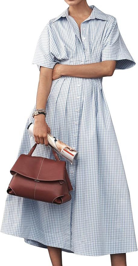 Women's Gingham Shirt Dress Summer Button Down Pleated Waist Plaid Midi Dress Casual Sundress wit... | Amazon (US)