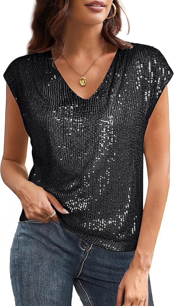 GRACE KARIN V Neck Sequin Short Sleeve Tops for Women Elastic Sparkly Tank Top for Party | Amazon (US)