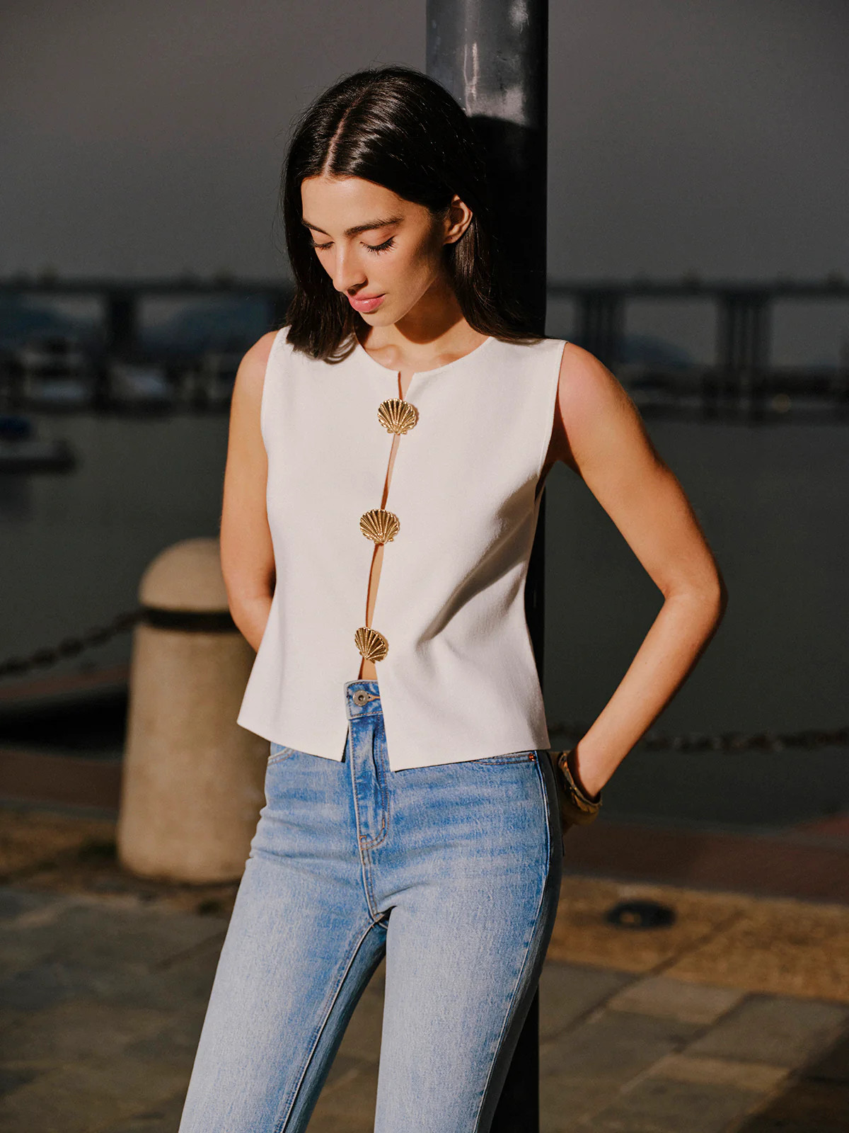 Shell Button Detail Sleeveless Top | Commense