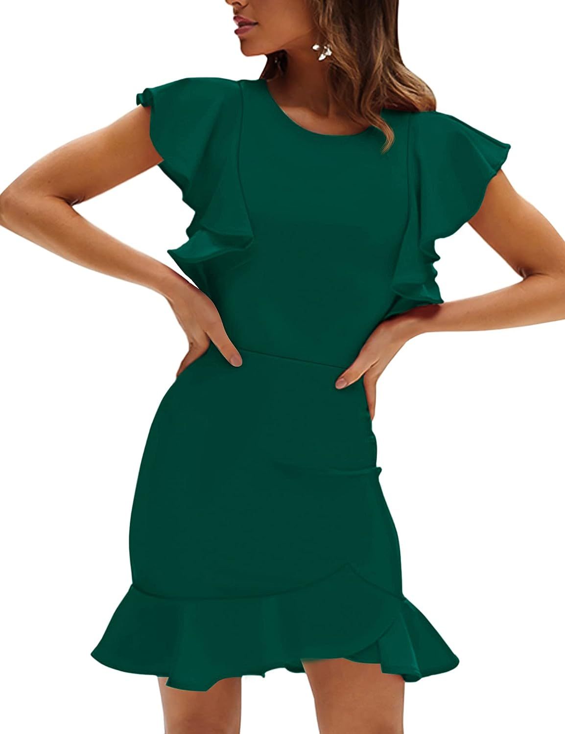 AIMCOO Women's Summer Flutter Sleeves Mini Dress Crewneck Ruffle Hem Casual Mini Dresses Elegant Sol | Amazon (US)