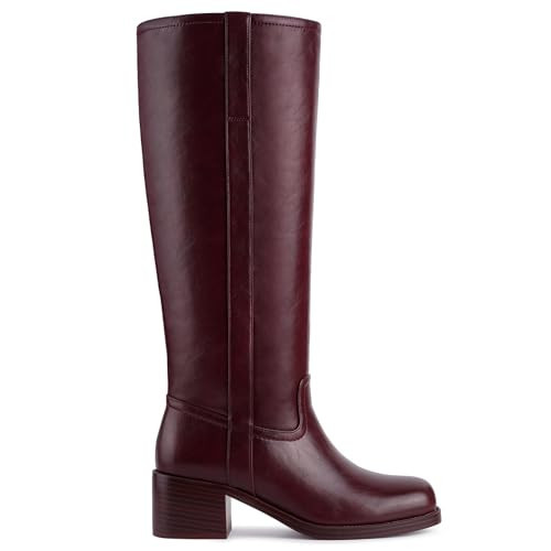 Gothictor Women's Burgundy Knee High Boots Square Toe Chunky Block Heel Comfortable Low Heel Pull on Wide Calf Riding Boot for Women Burgundy 6.5 | Amazon (US)