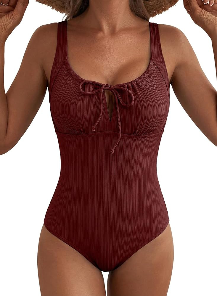 Aleumdr Womens Textured One Piece Swimsuit Tummy Control Bathing Suit Tie Knot Cutout Swimwear | Amazon (US)