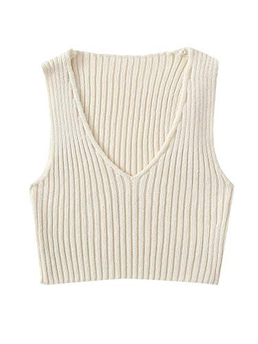 SweatyRocks Women's Ribbed Knit Crop Sleeveless V-Neck Sweater Vest Crop Tank Top Beige XS | Amazon (US)