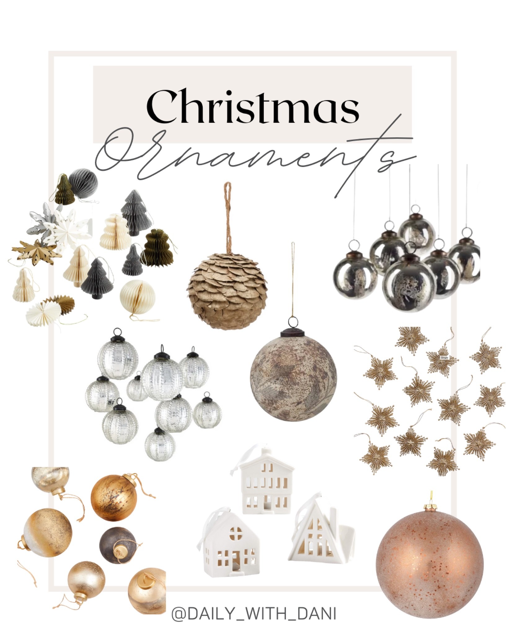 Christmas tree decor. Glass ornaments. Pinecone ornaments Mercury ball. Gold stars paper machete light up houses. @amazon home. @target. @crateandbarrel 

#LTKhome #LTKSeasonal #LTKHoliday