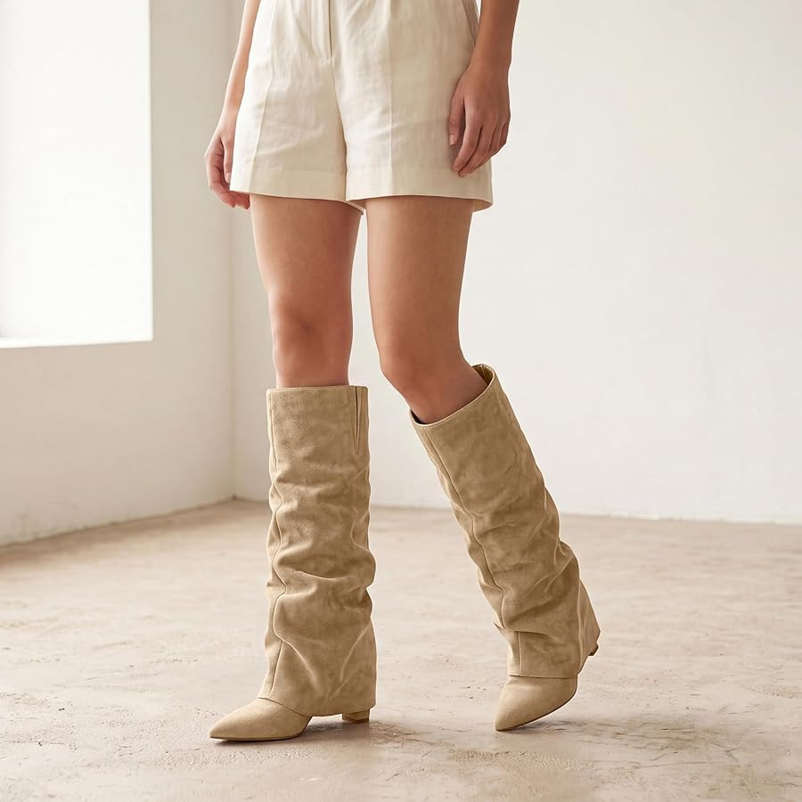 FITORY Knee High Boots Women Pull on Shark Slouchy Fold Over Tall Block | Amazon (US)