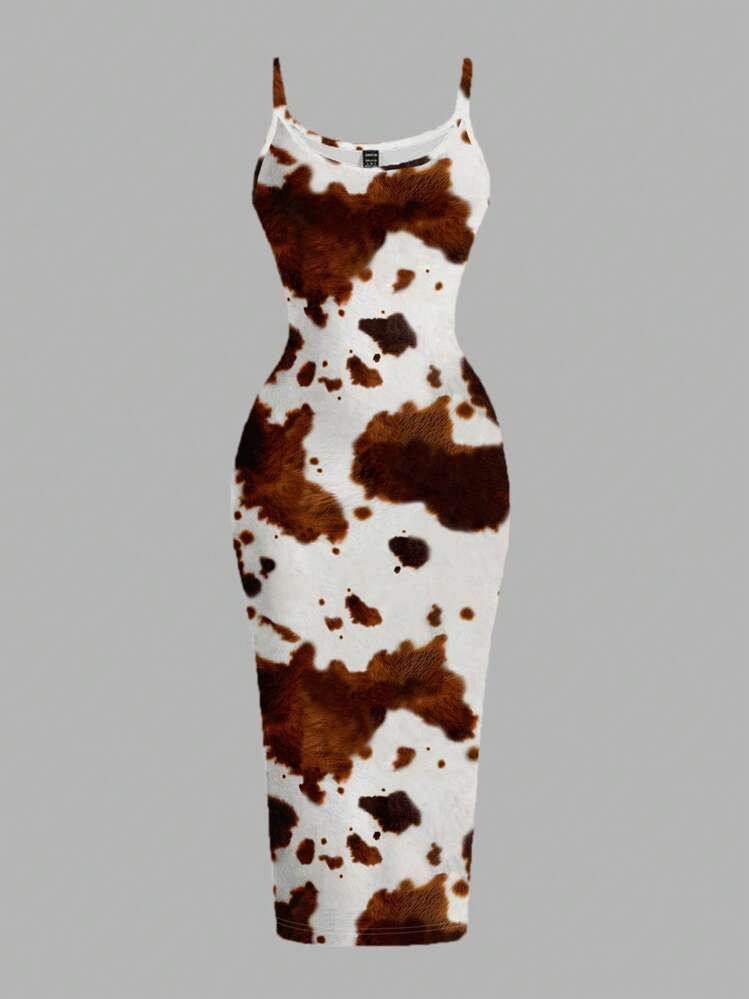 SHEIN EZwear Casual Cow Print Bodycon Spaghetti Strap Maxi Dress, Suitable For Summer, Music Festivals, Denim Print, Western Cowgirl Style,Springbreak,Coconutgirl,Girl Trip,Music Festival,Bodycon Dress Chic Dress | SHEIN